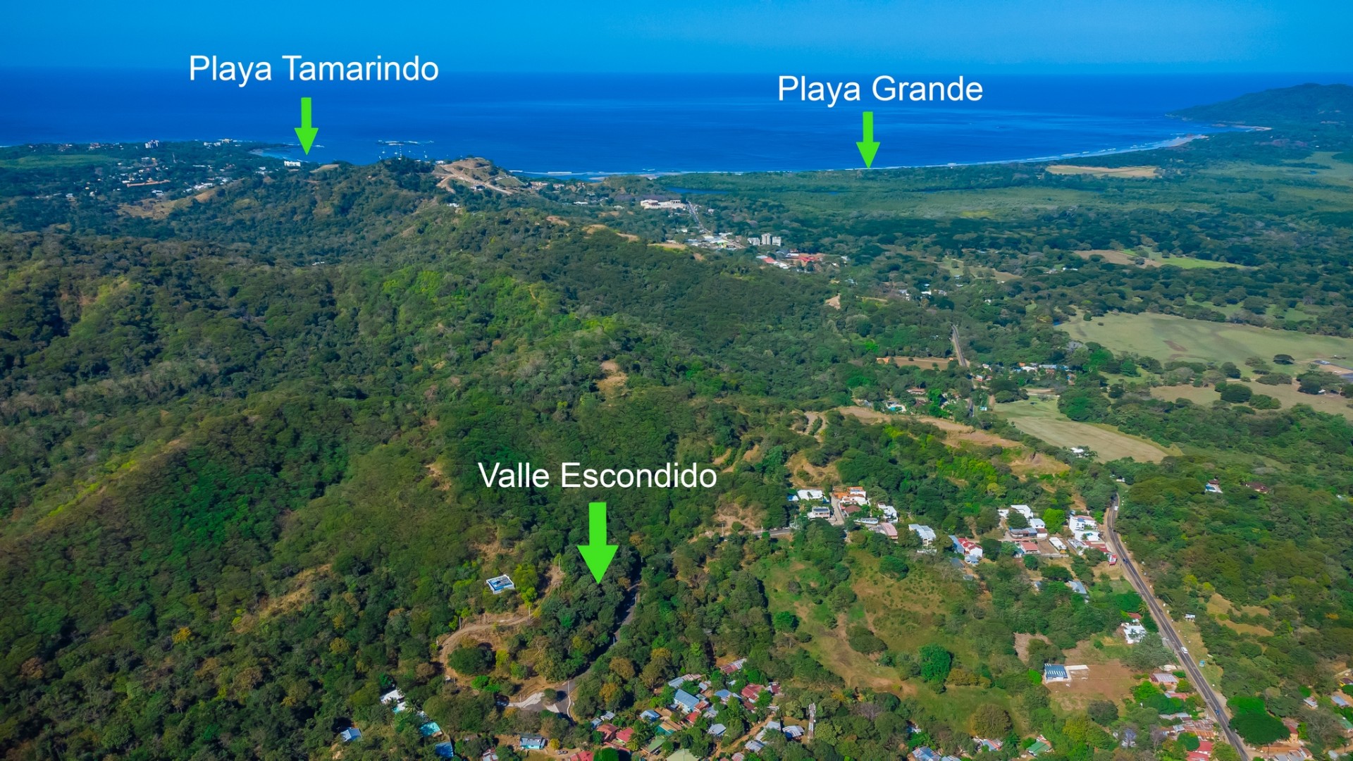 Aerial map showing Valle Escondido between Playa Tamarindo and Playa Grande