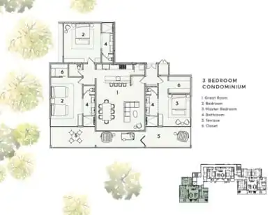 Three-bedroom condominium floor plan Costa Rica