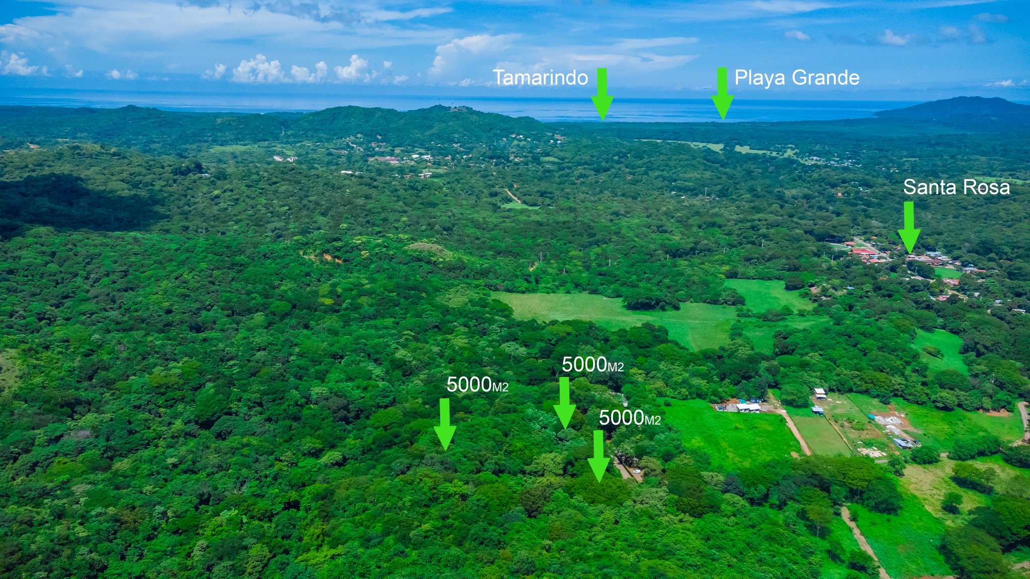 Aerial of three lots in Santa Rosa with Tamarindo and Playa Grande marked