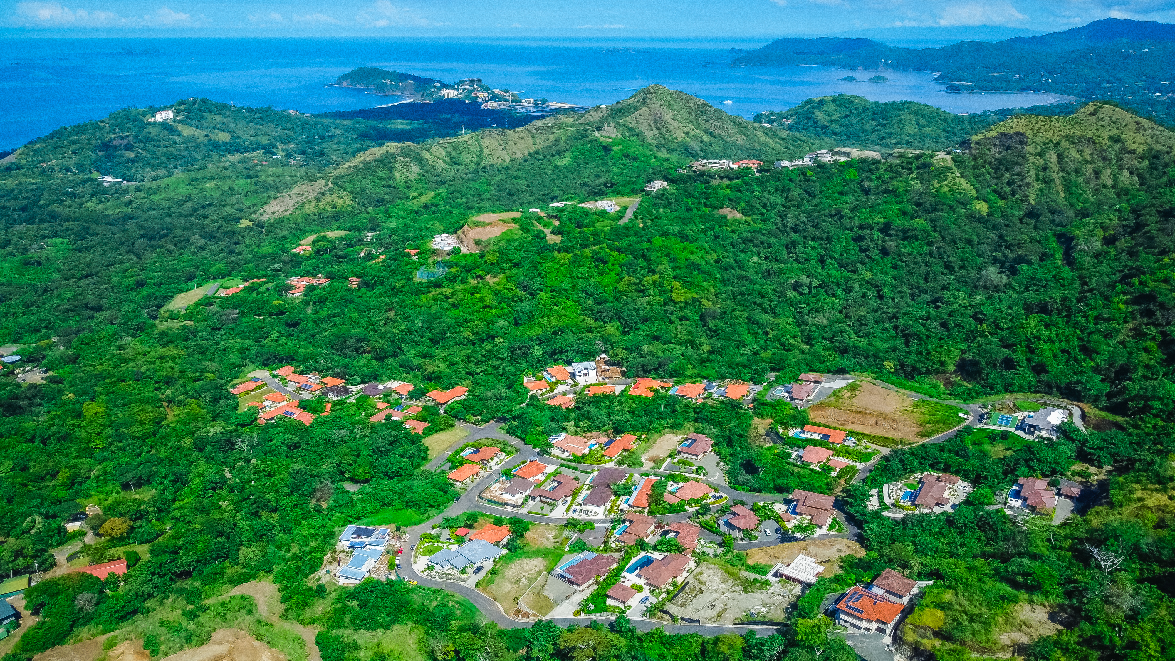 Aerial view of hillside homes at Mar Vista above Playa Flamingo