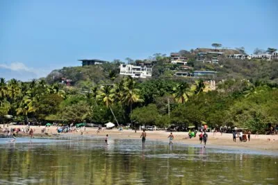 Walkable beach town street in Costa Rica with local shops and residences