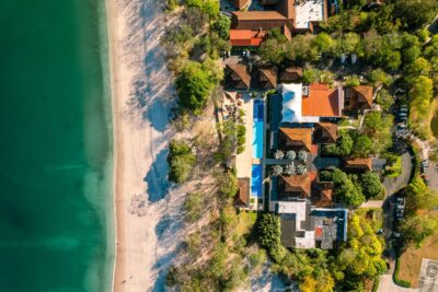 Aerial view of beachfront homes at Ceibo Cinco, Reserva Conchal