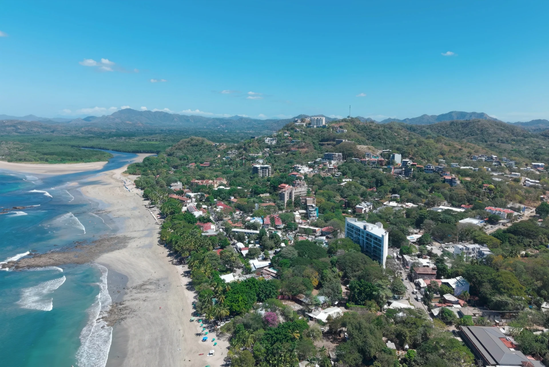 Aerial view of Tamarindo, Costa Rica, showing the beach, estuary and town in Guanacaste