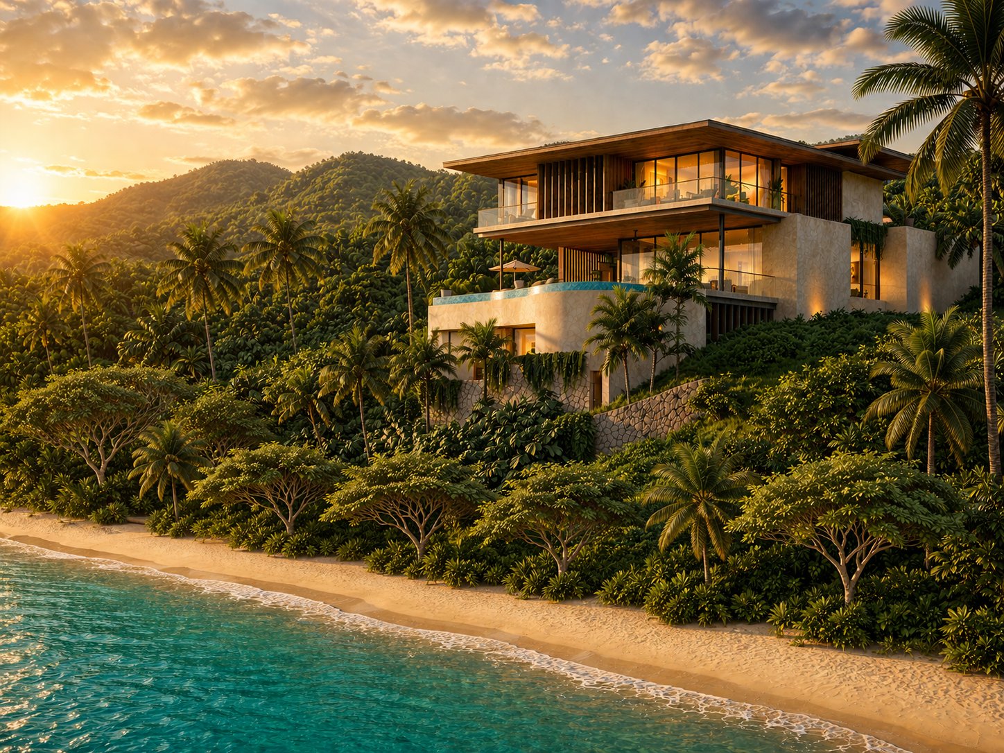 Rendering of a contemporary beachfront residence at Cantomar Ocean Club above the beach at sunset