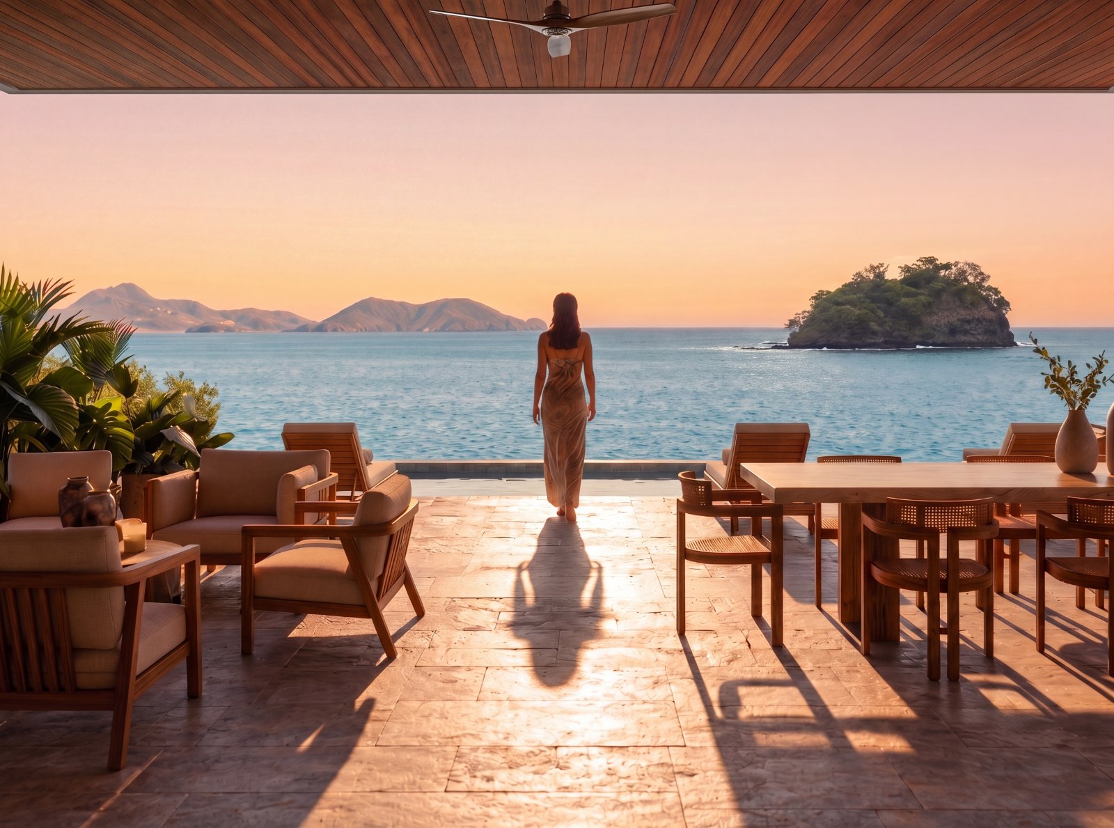 Rendering of an open-air terrace at a Cantomar residence looking out over the Pacific and offshore islands at sunset