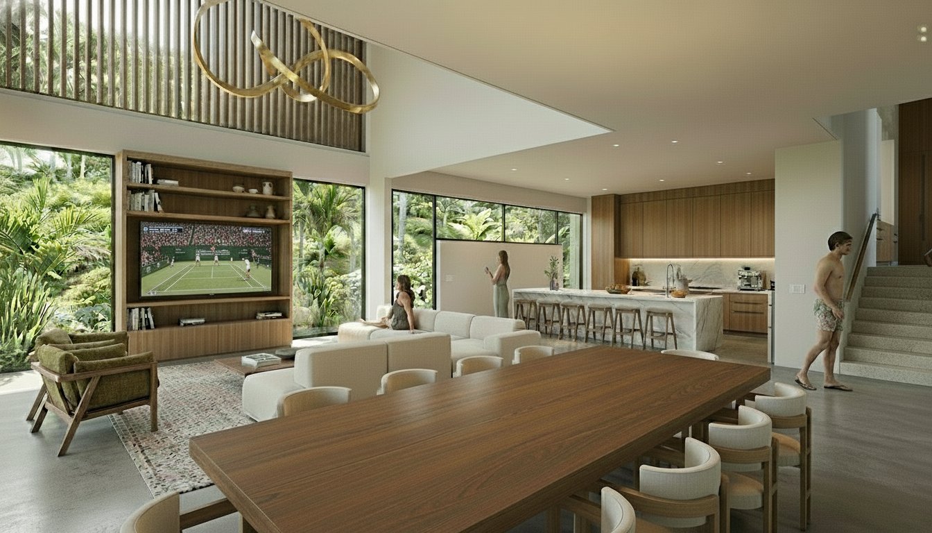 Rendering of a double-height living and dining room inside a Cantomar residence