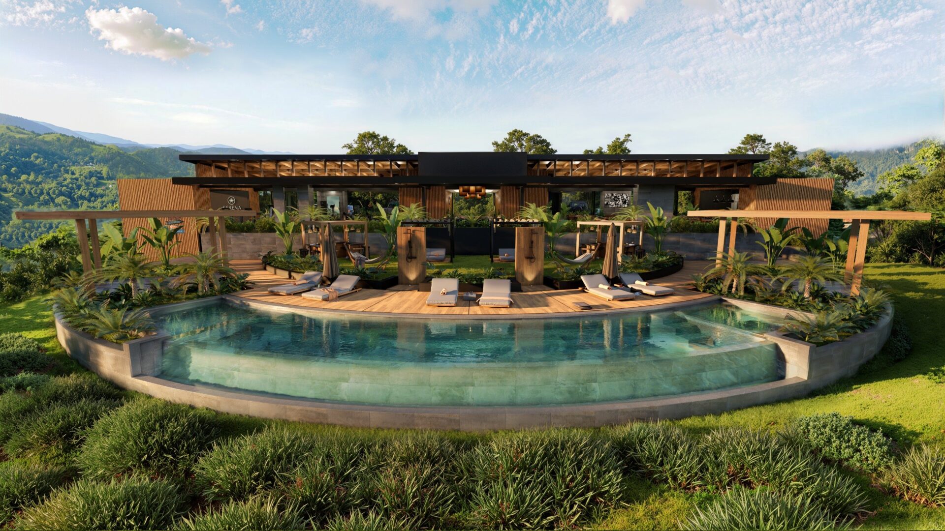 Clubhouse and pool render at Serena Blue, Corozalito Blue Reserve