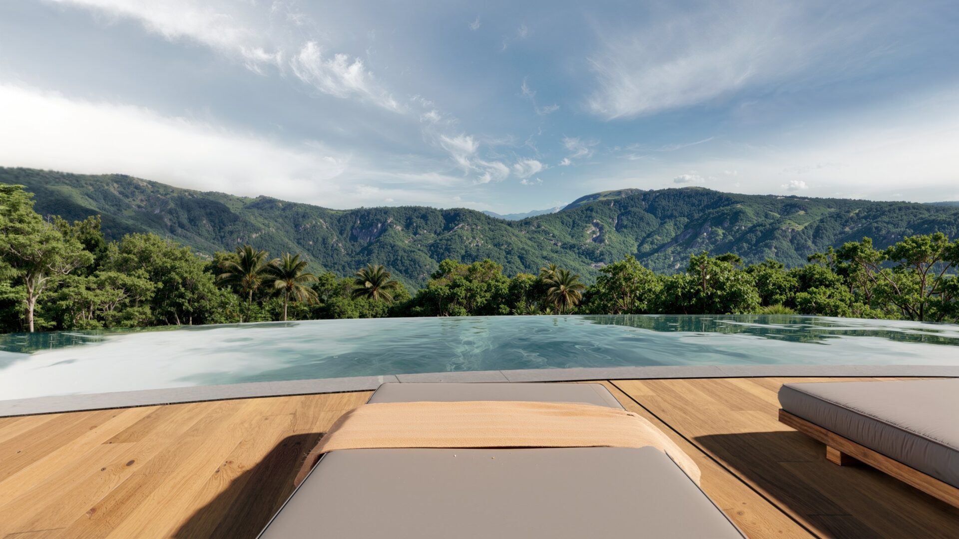 Infinity pool with mountain views, Serena Blue render
